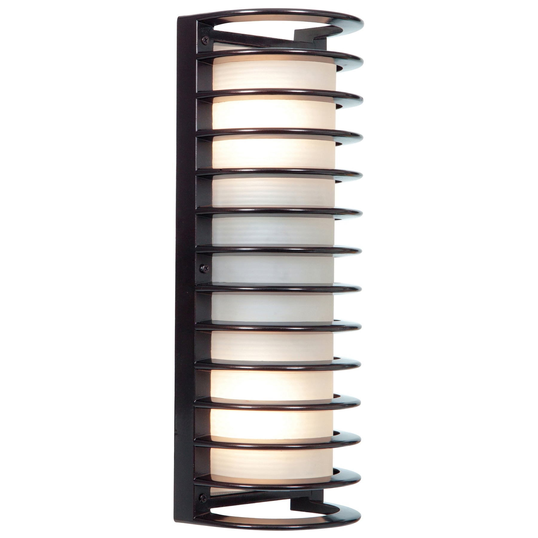 Bronze wall-mounted light fixture with layered glass design on a white background