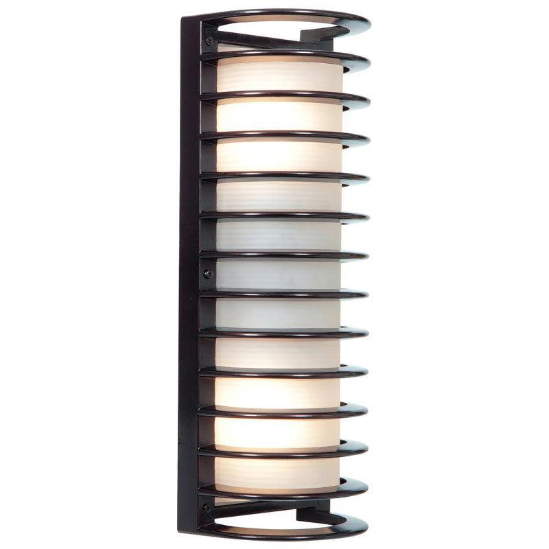 Bronze wall-mounted light fixture with layered glass design on a white background