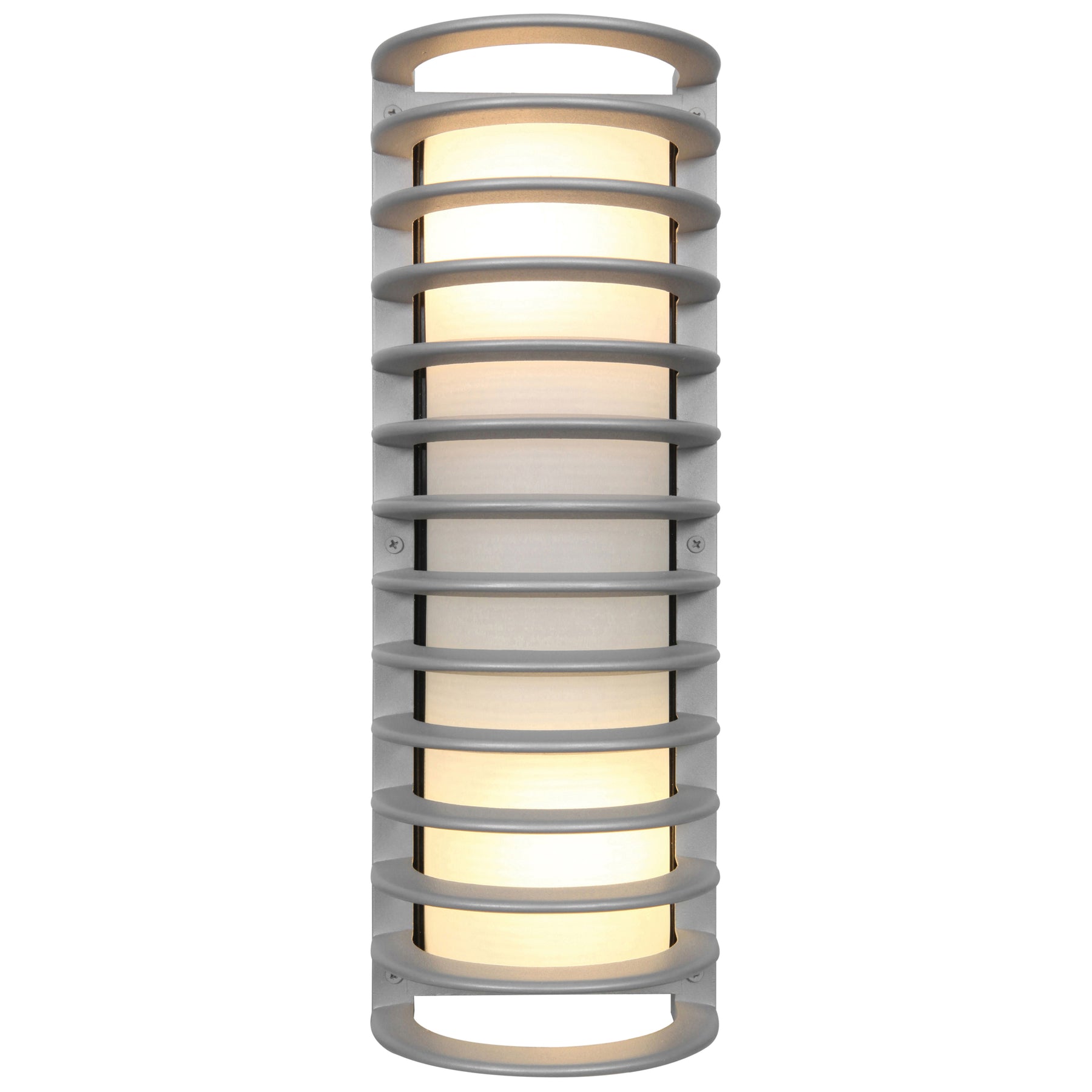 Cylindrical satin wall light fixture with ribbed design on a white background