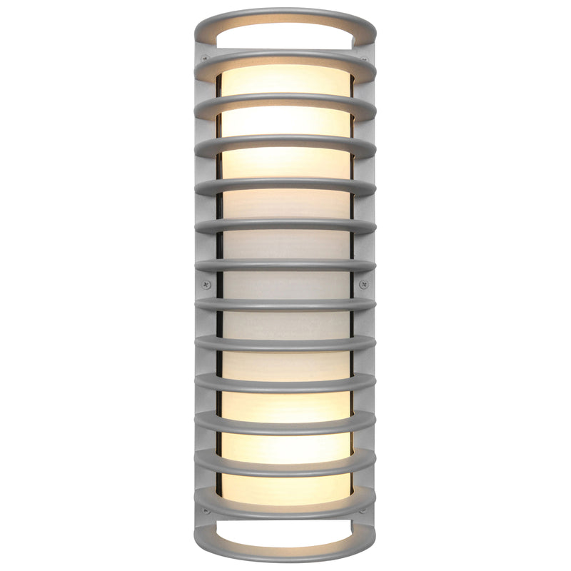 Cylindrical satin wall light fixture with ribbed design on a white background