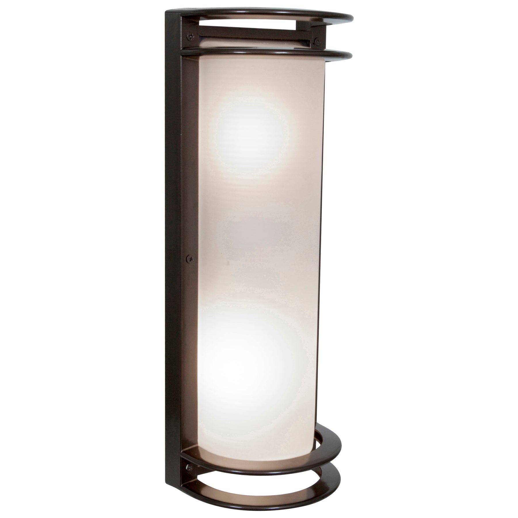 Bronze cylindrical outdoor lamp with frosted glass on a white background
