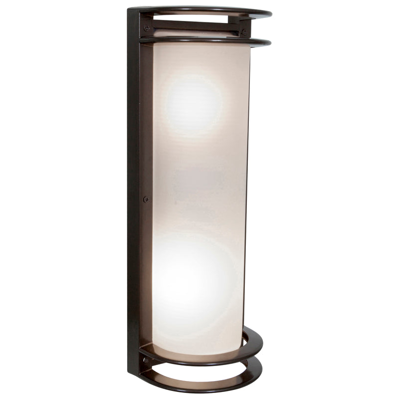 Bronze cylindrical outdoor lamp with frosted glass on a white background