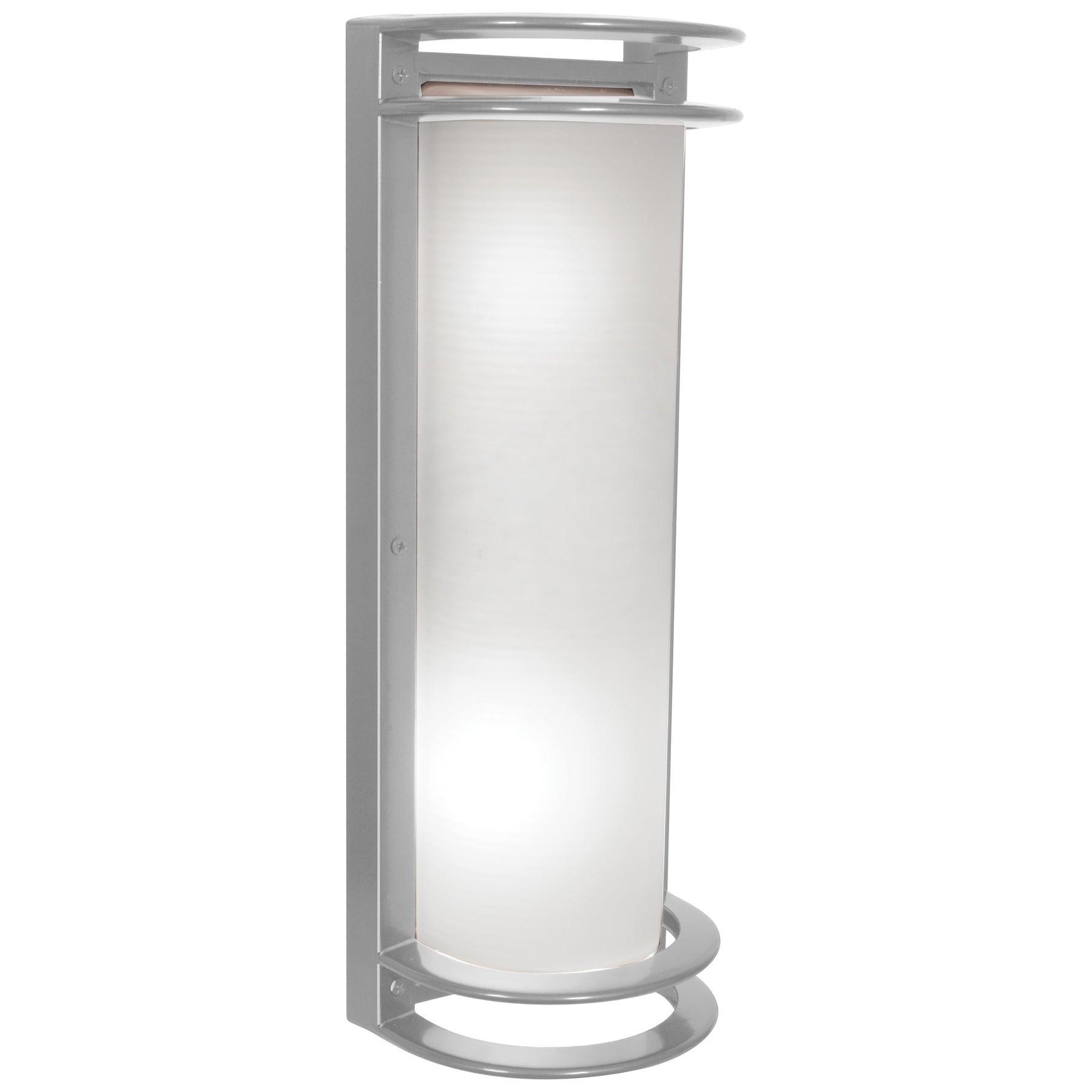 Satin cylindrical outdoor wall light with frosted glass on a white background