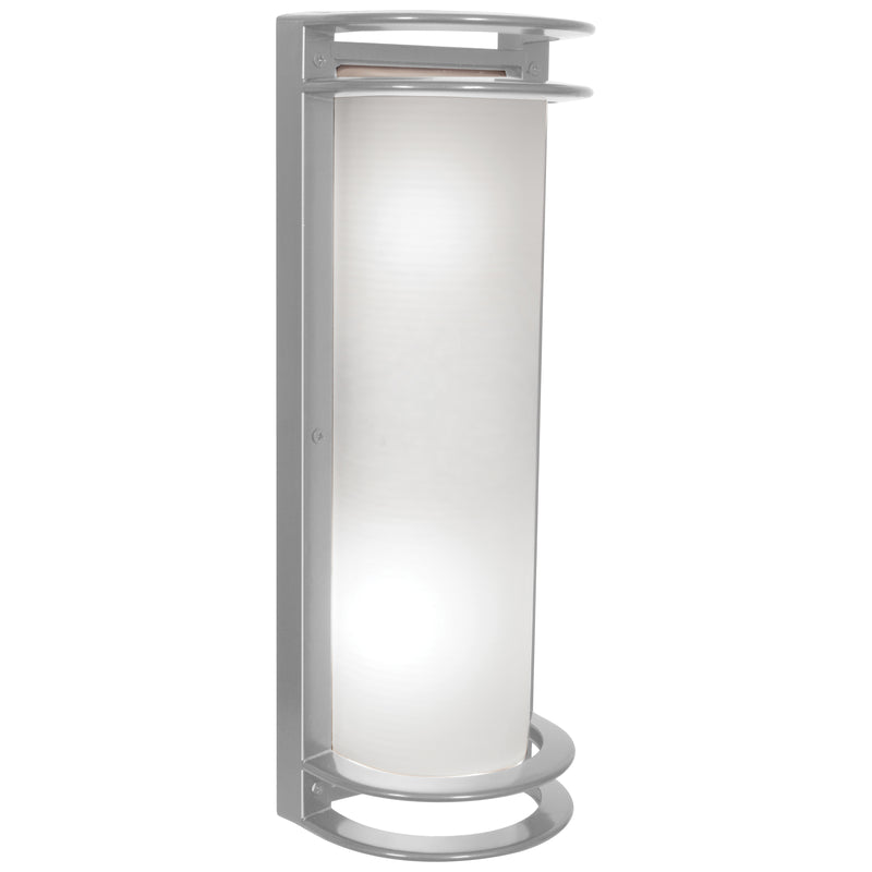 Satin cylindrical outdoor wall light with frosted glass on a white background