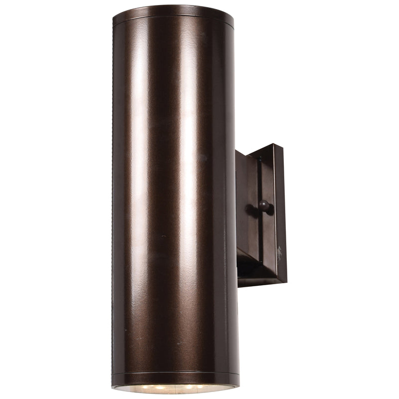 Bronze cylindrical wall light fixture on a white background