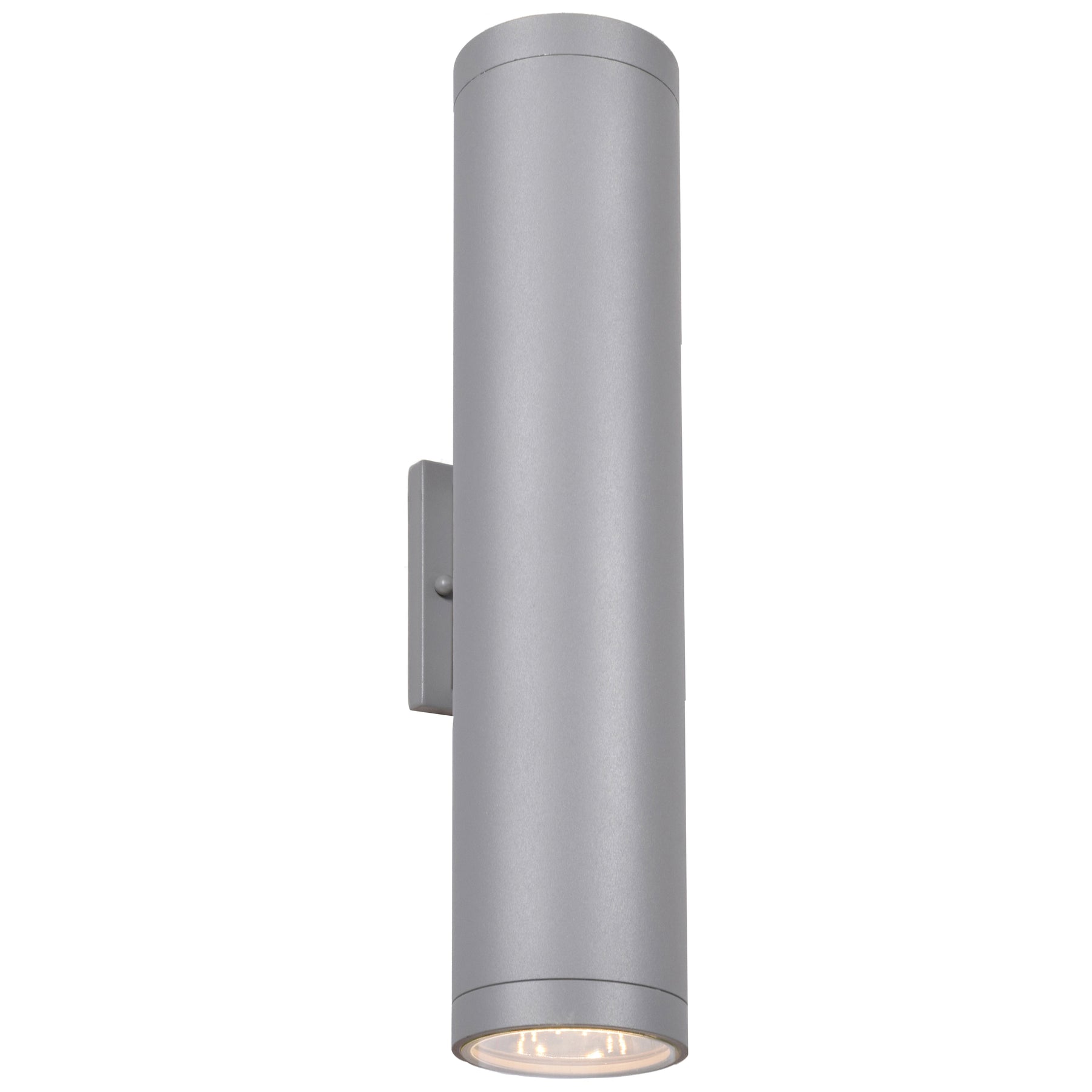 Satin cylindrical outdoor wall light fixture on a white background