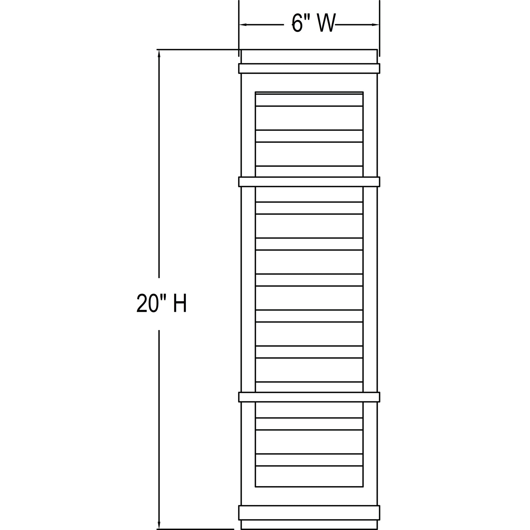 Measurement chart of a vertical wall mount with dimensions 6" W and 20" H on a white background.