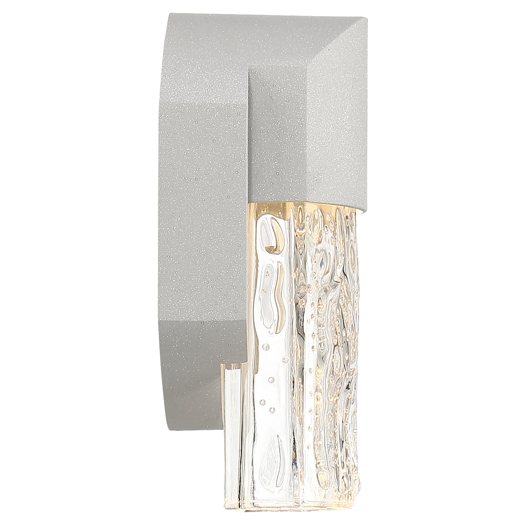 Wall-mounted light fixture with satin casing and clear glass on a white background