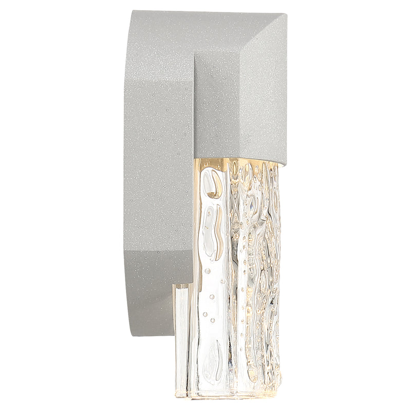 Wall-mounted light fixture with satin casing and clear glass on a white background