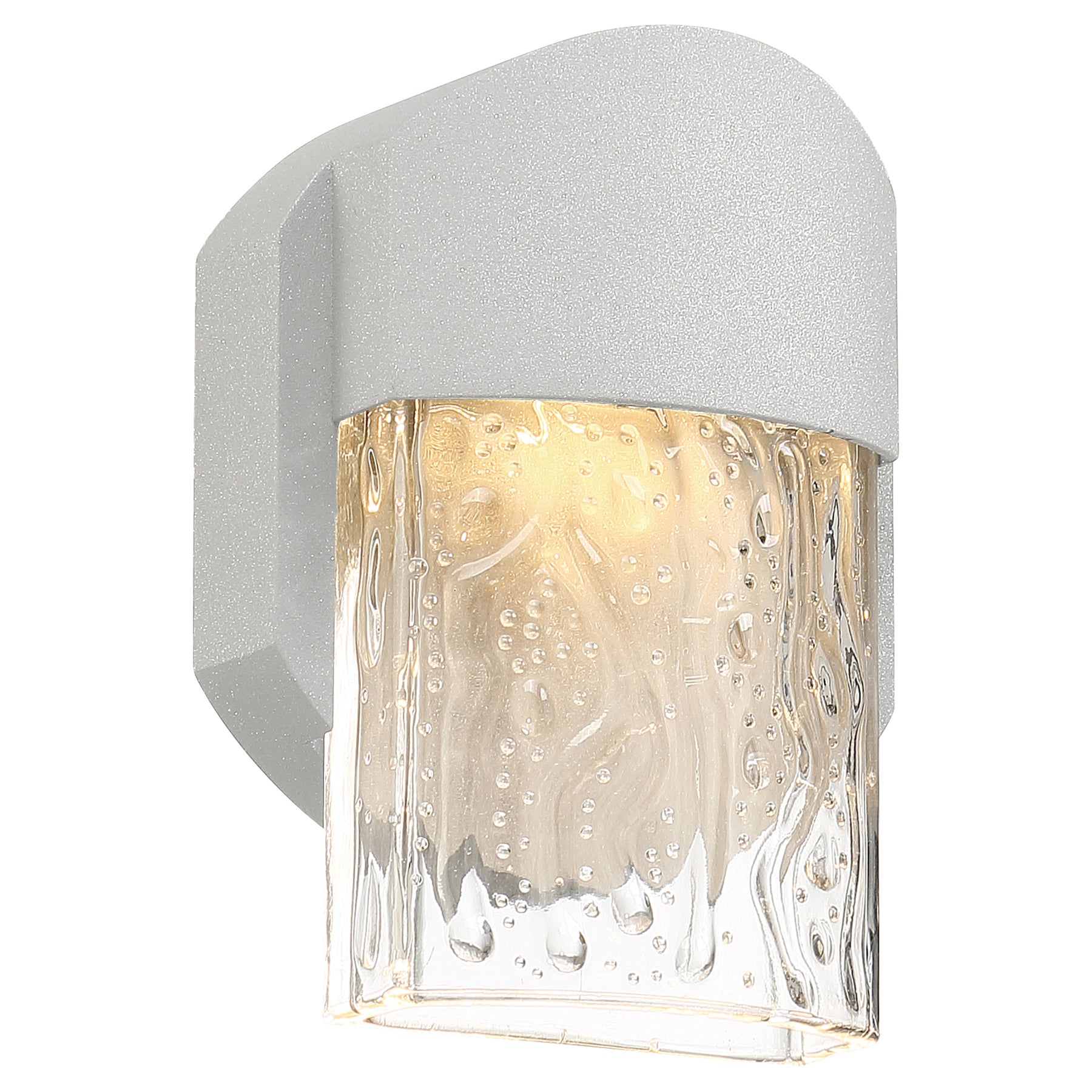 Satin wall-mounted light fixture with textured glass cover on a white background