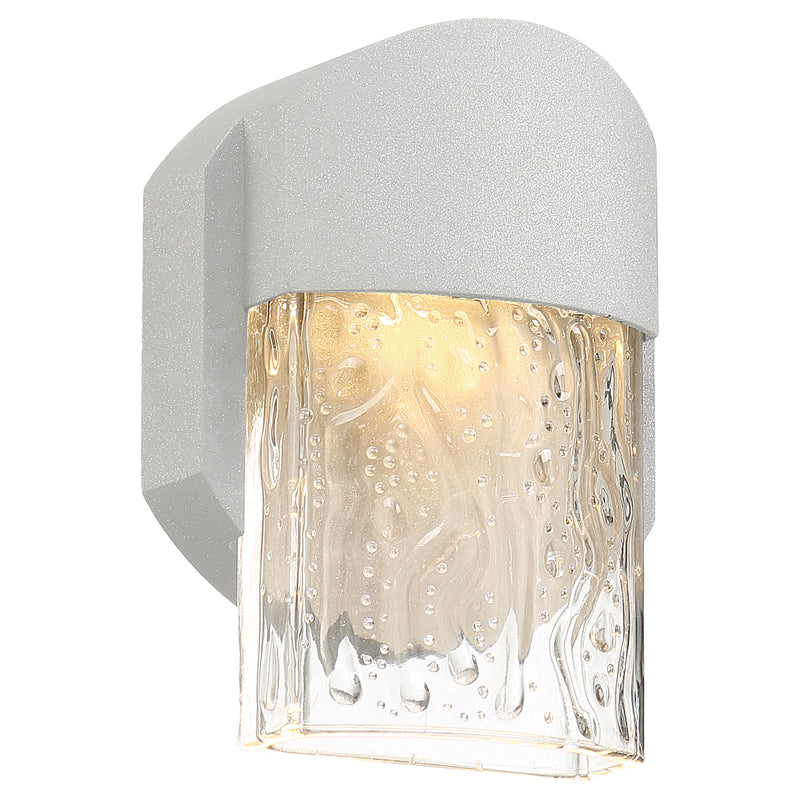 Satin wall-mounted light fixture with textured glass cover on a white background