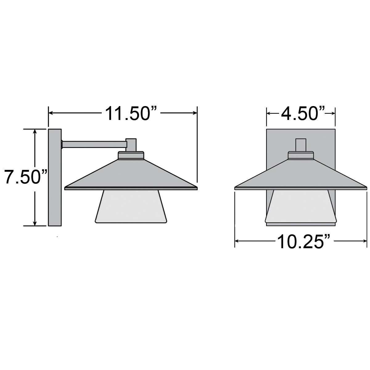Dimensions of a wall-mounted light fixture on a white background