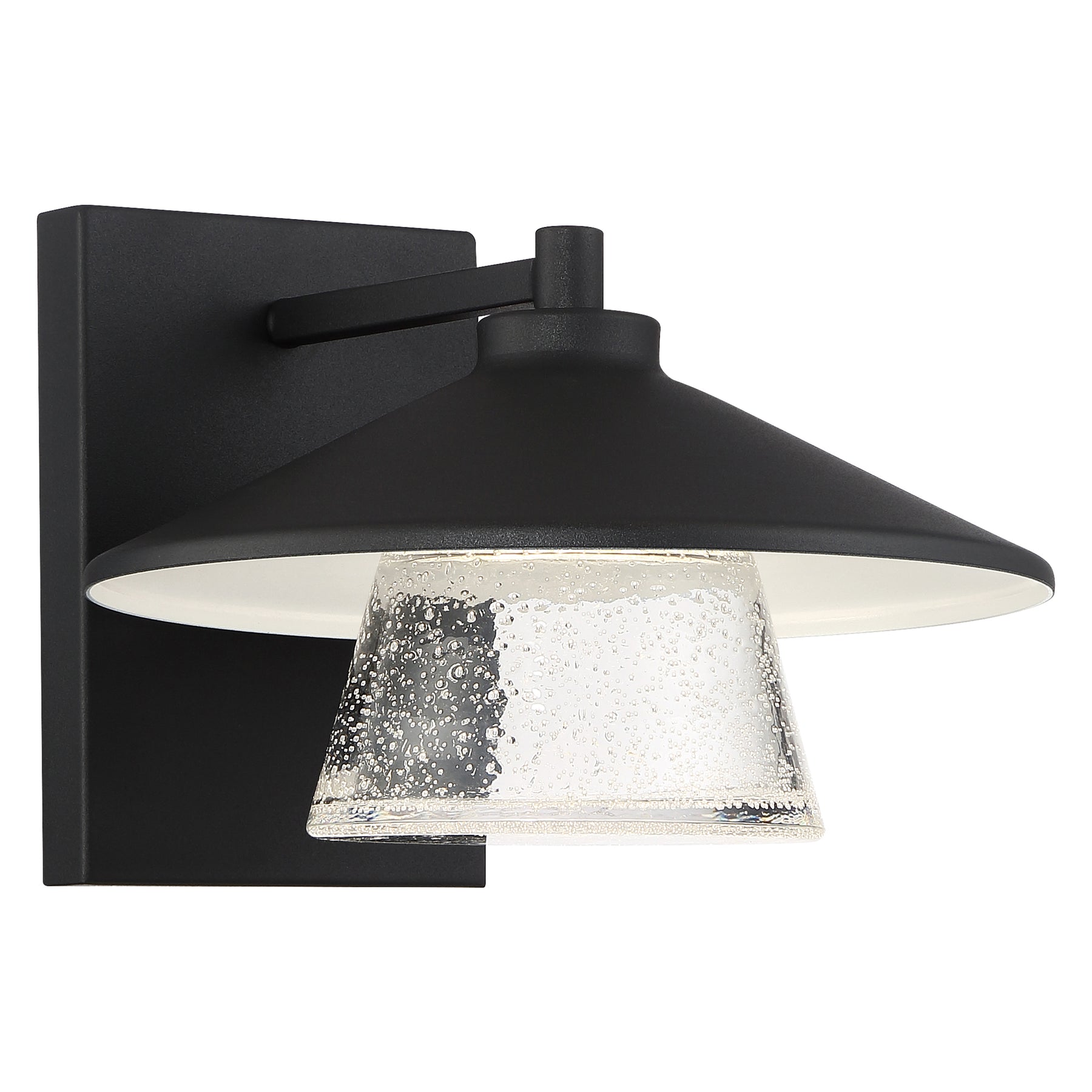 Black outdoor wall light fixture with clear glass shade on a white background