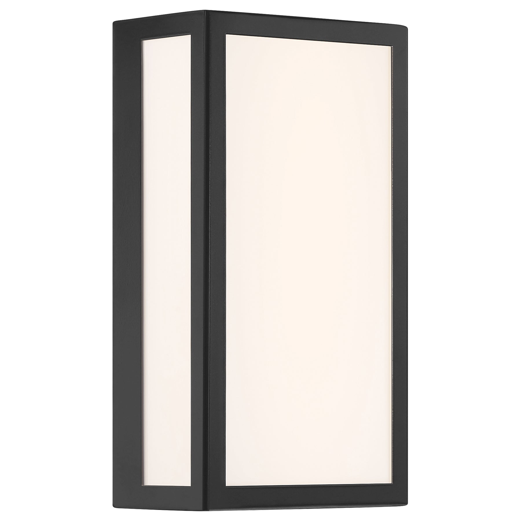 Black outdoor wall light fixture with white glass on a white background