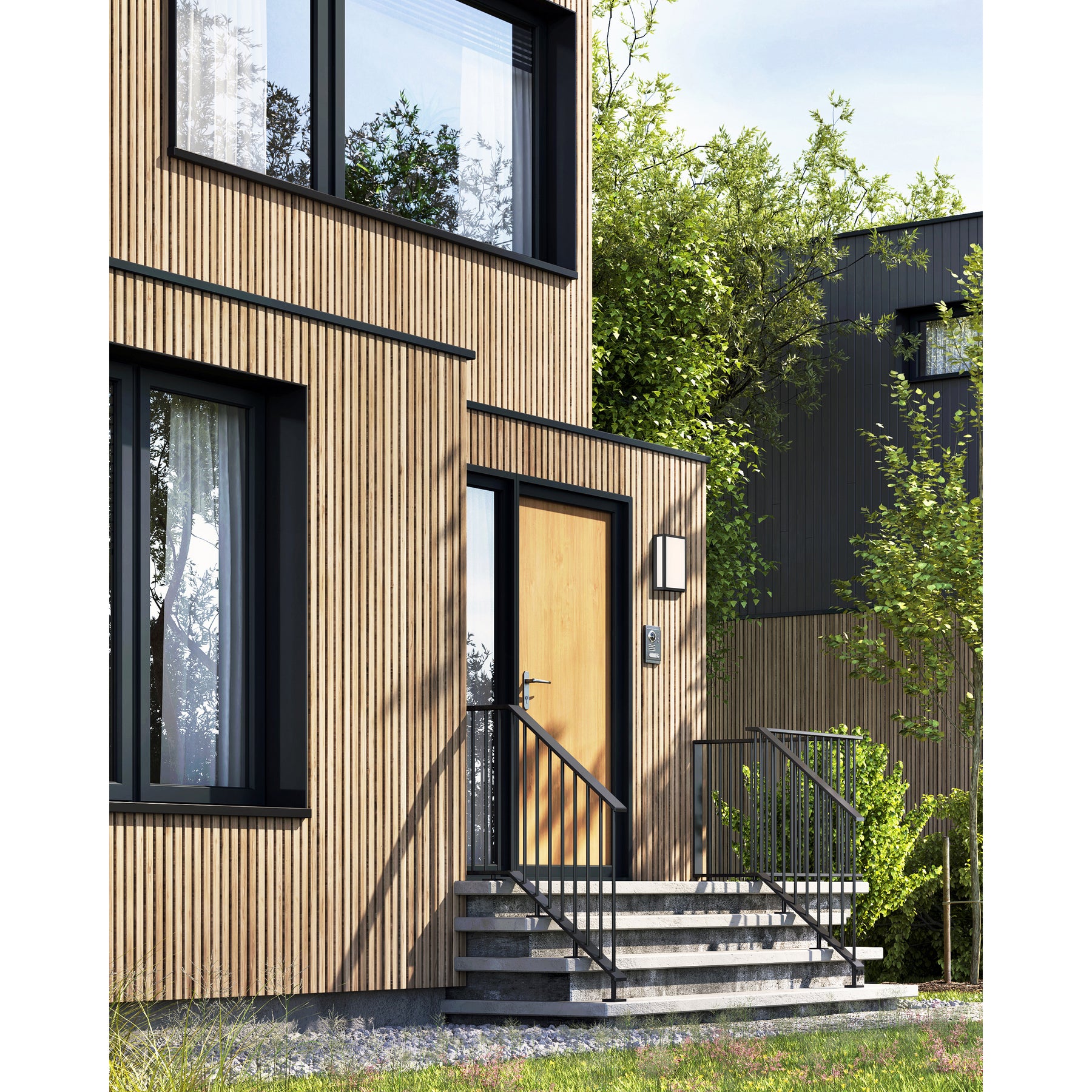 Modern house exterior with wooden facade and glass windows
