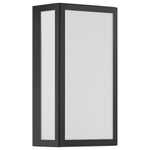 Black outdoor wall light fixture with white glass on a white background