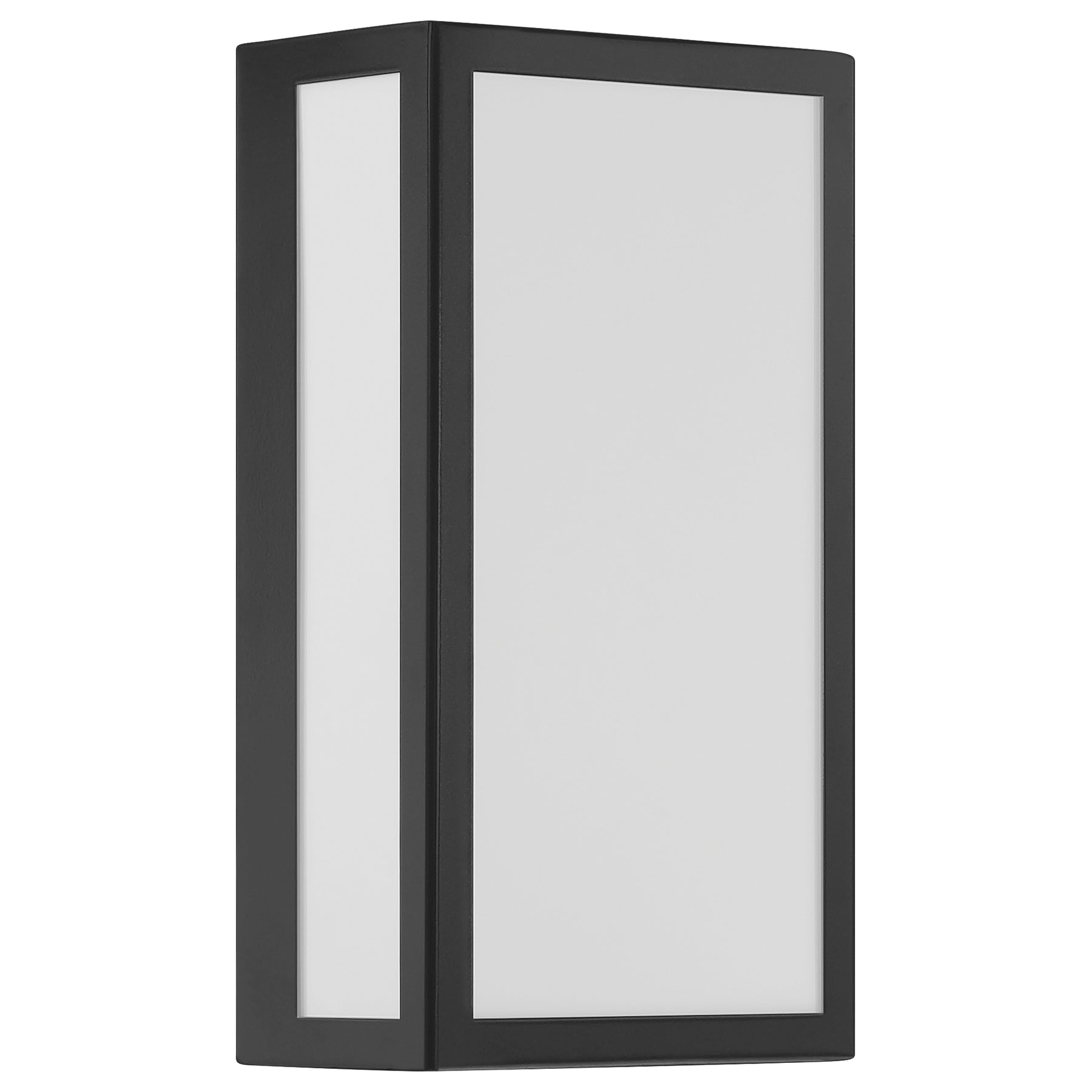 Black outdoor wall light fixture with white glass on a white background