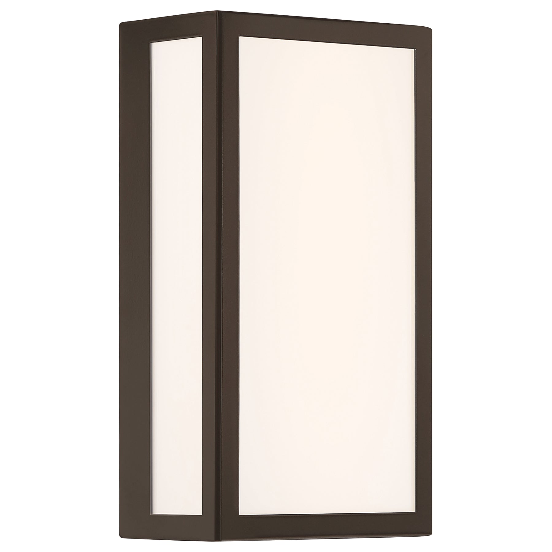 Bronze outdoor wall light fixture with white glass on a white background