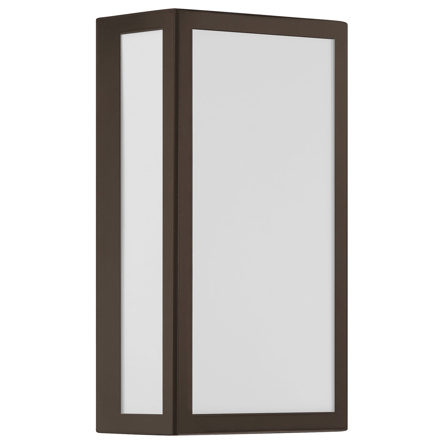 Bronze outdoor wall light fixture with white glass on a white background