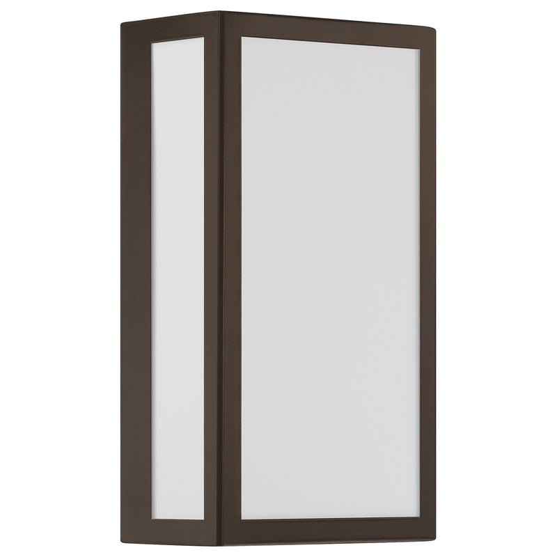 Bronze outdoor wall light fixture with white glass on a white background