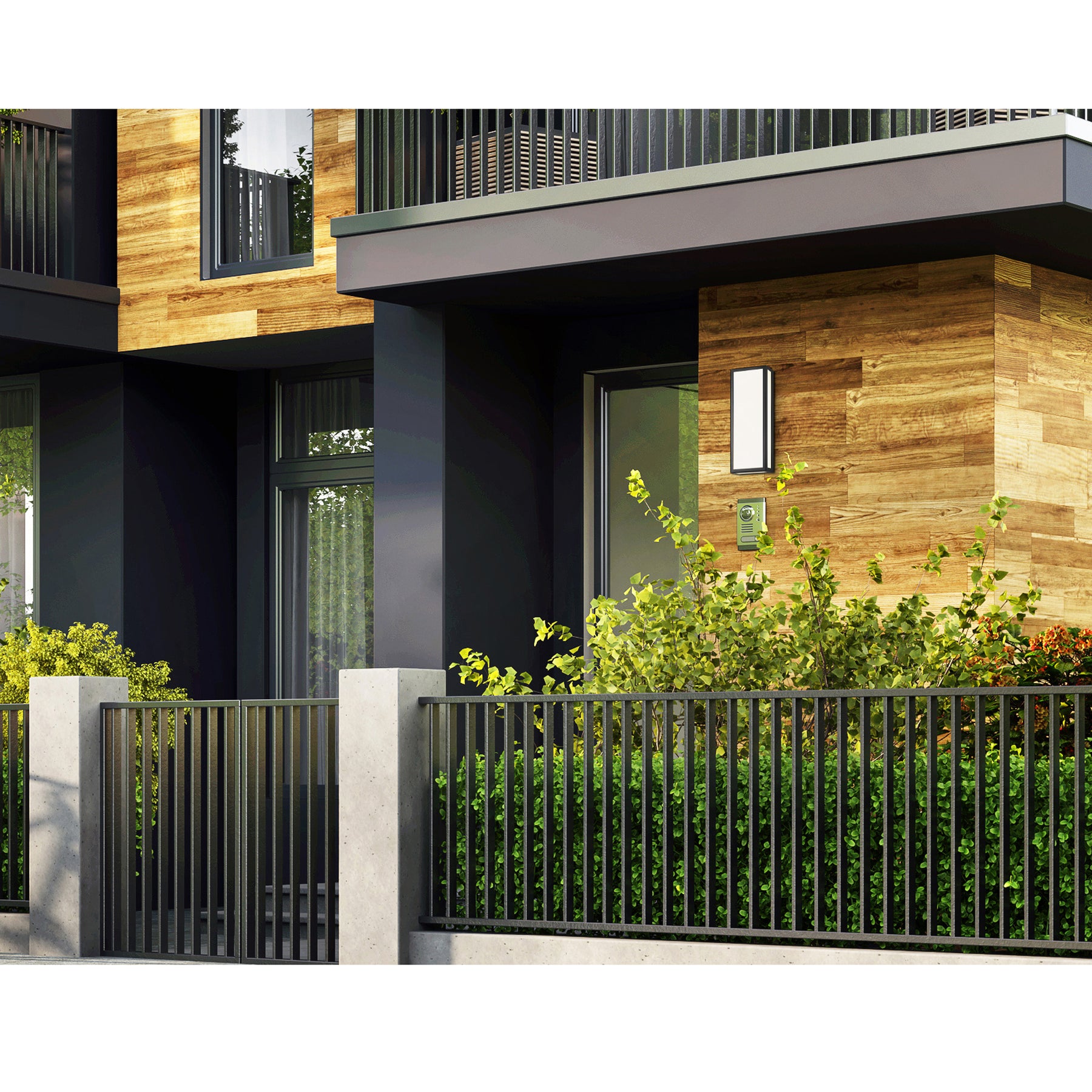 Modern house exterior with wooden facade, glass windows, and greenery.