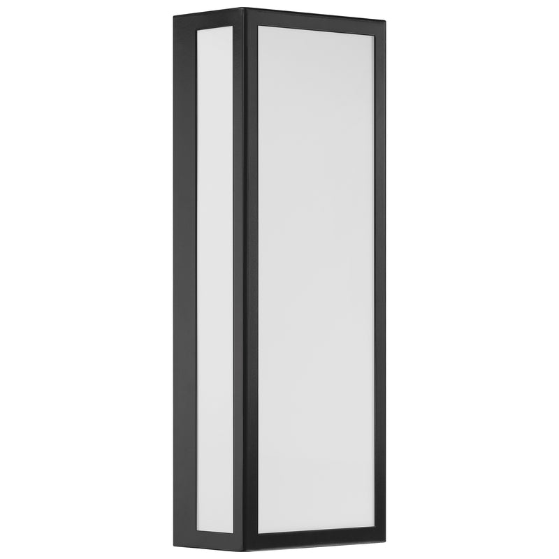 Black rectangular wall light fixture with white glass on a white background