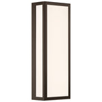Rectangular wall light fixture with a bronze frame and white interior on a white background