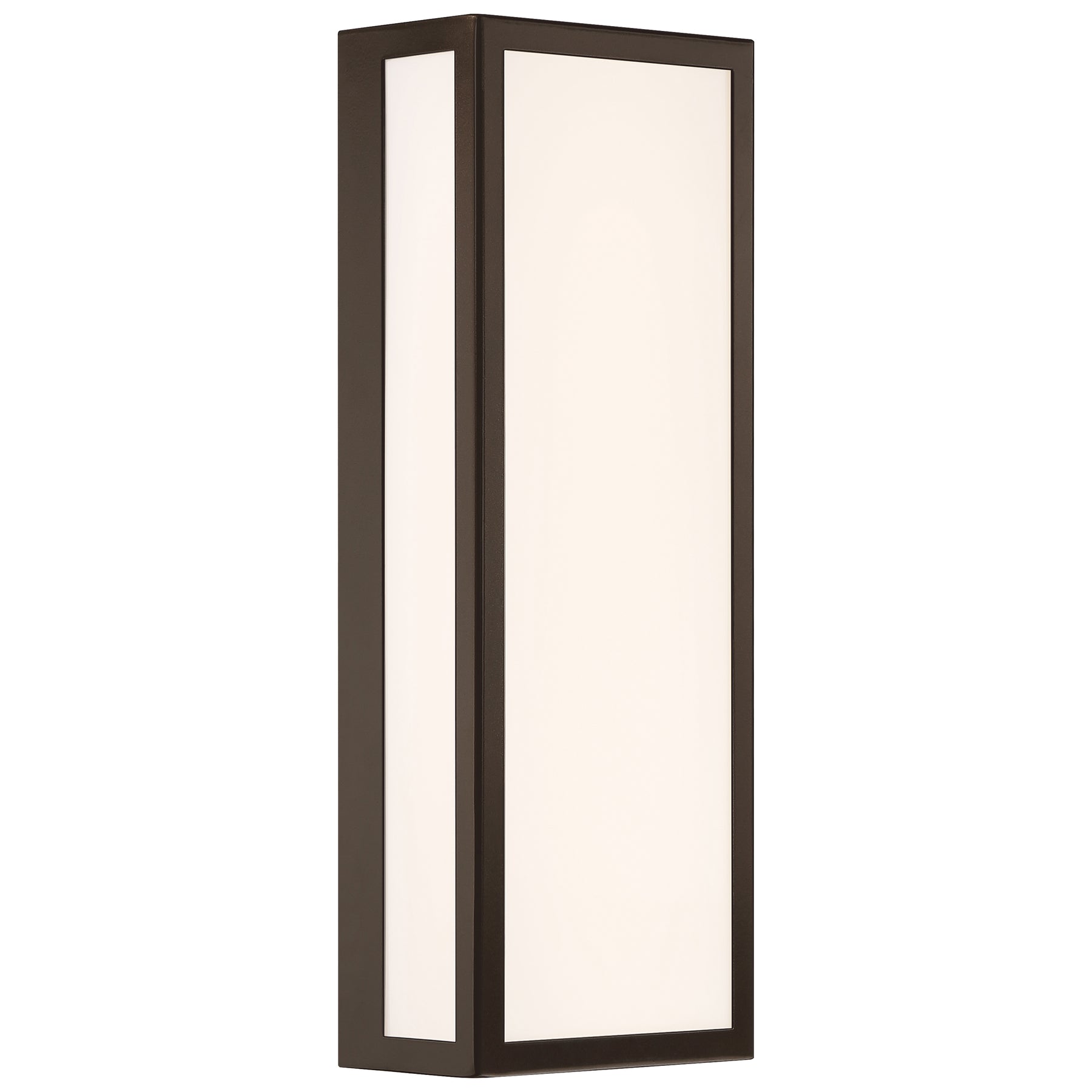 Rectangular wall light fixture with a bronze frame and white interior on a white background