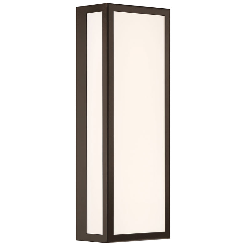 Rectangular wall light fixture with a bronze frame and white interior on a white background