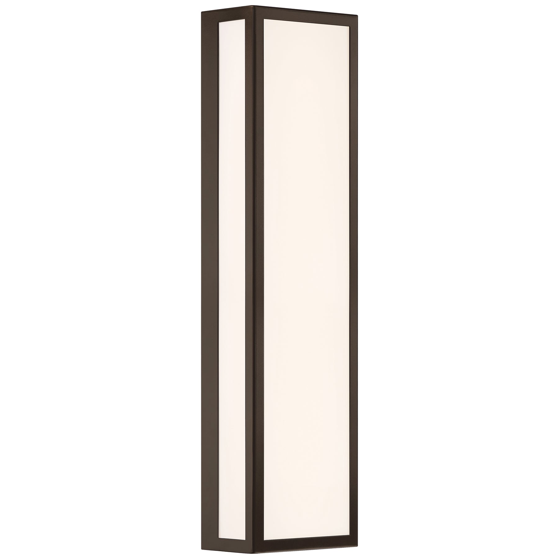 Tall rectangular light fixture with a bronze frame on a white background