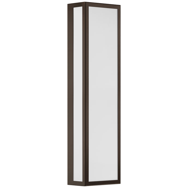 Tall rectangular light fixture with a bronze frame on a white background