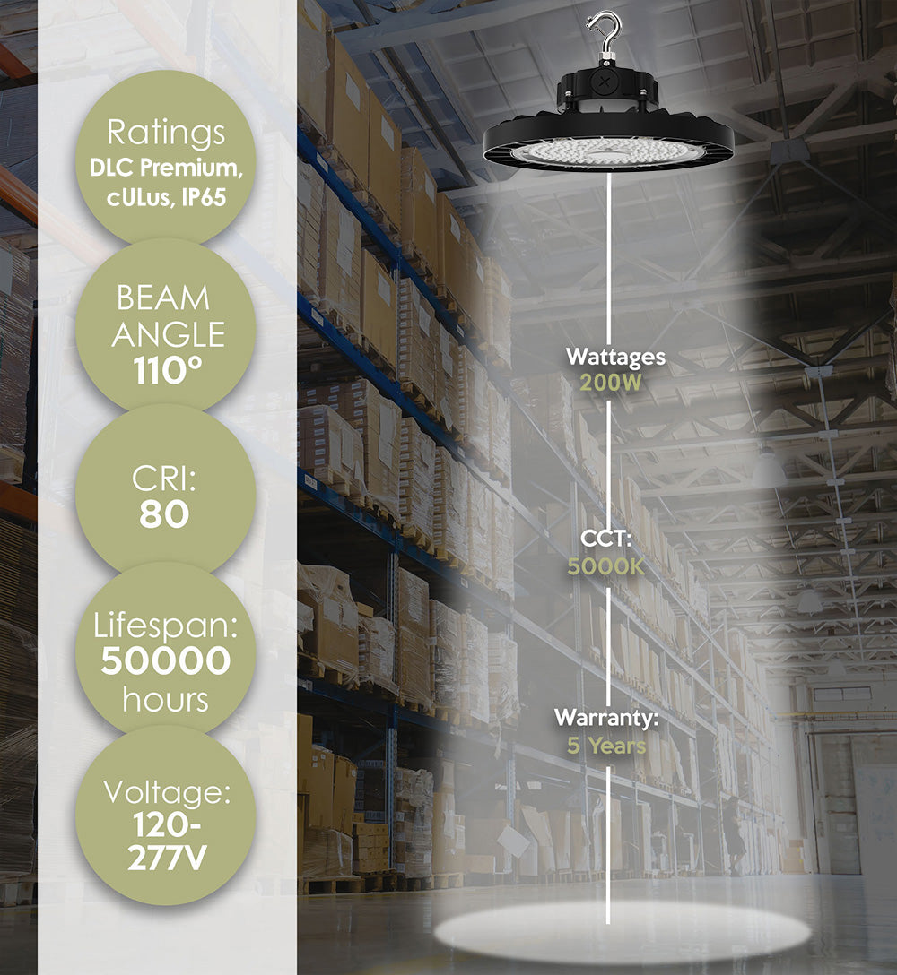 Static LED UFO High Bay, 30,000 Lumens, 200 Watt, 5000K, 120-277V, Black Finish