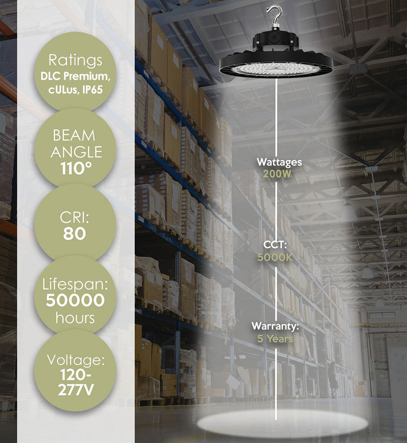 Static LED UFO High Bay, 30,000 Lumens, 200 Watt, 5000K, 120-277V, Black Finish