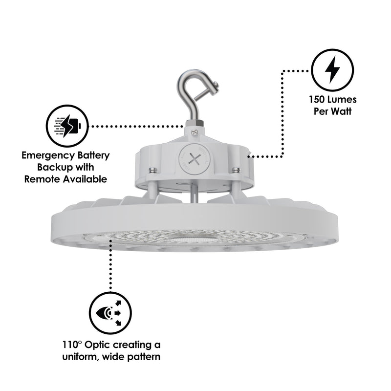 White industrial static led ufo high bay light with sturdy metal hook and circular housing 22500 lumens 150 watt 5000k