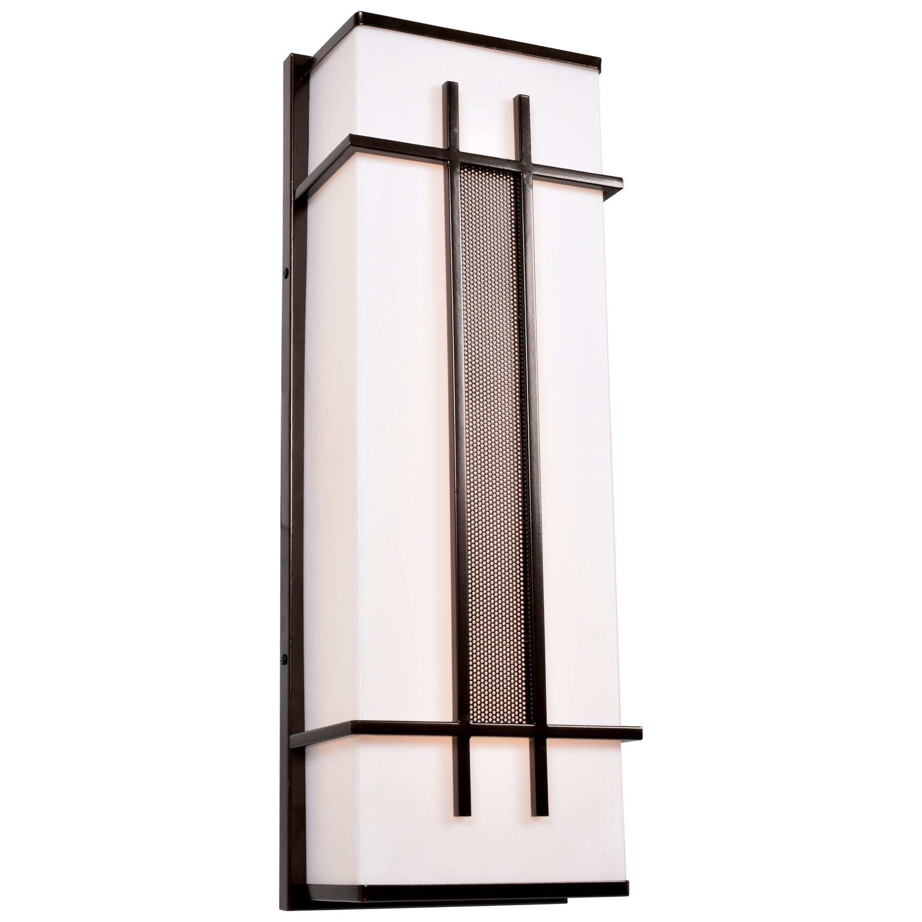 Modern outdoor wall light fixture with bronze frame and white glass on a white background