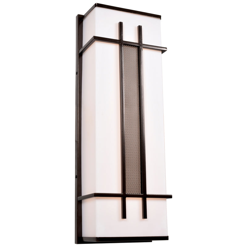 Modern outdoor wall light fixture with bronze frame and white glass on a white background