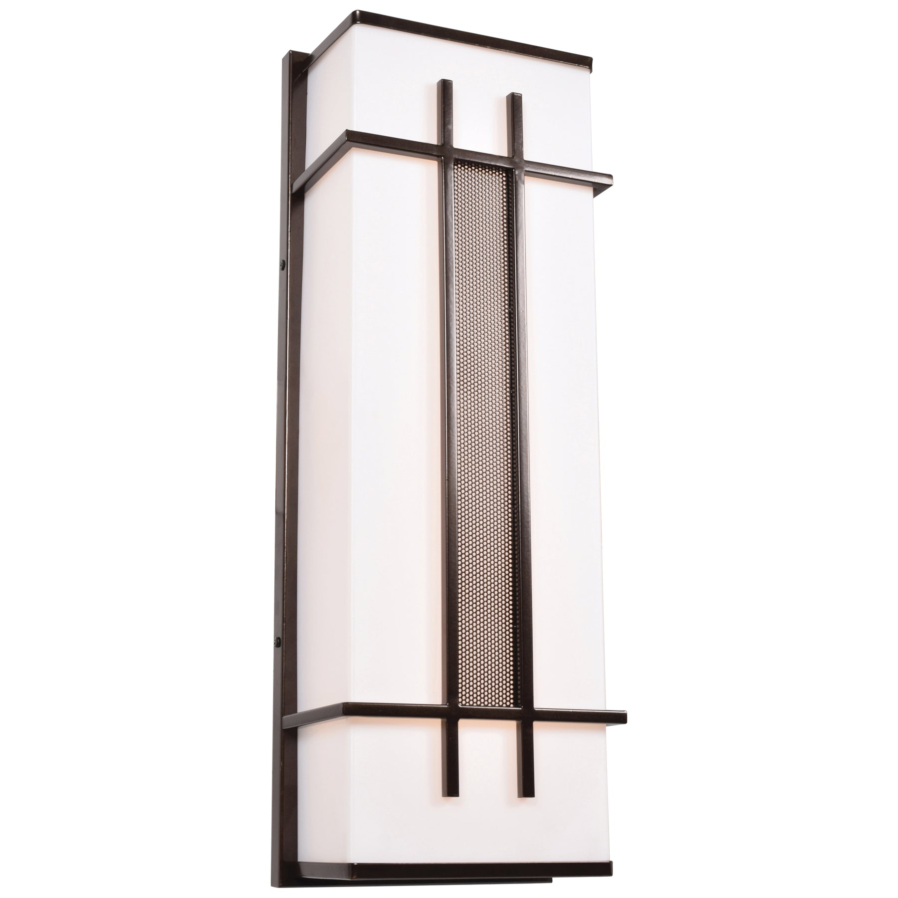 Modern outdoor wall light fixture with a white glass cover and bronze frame on a white background.