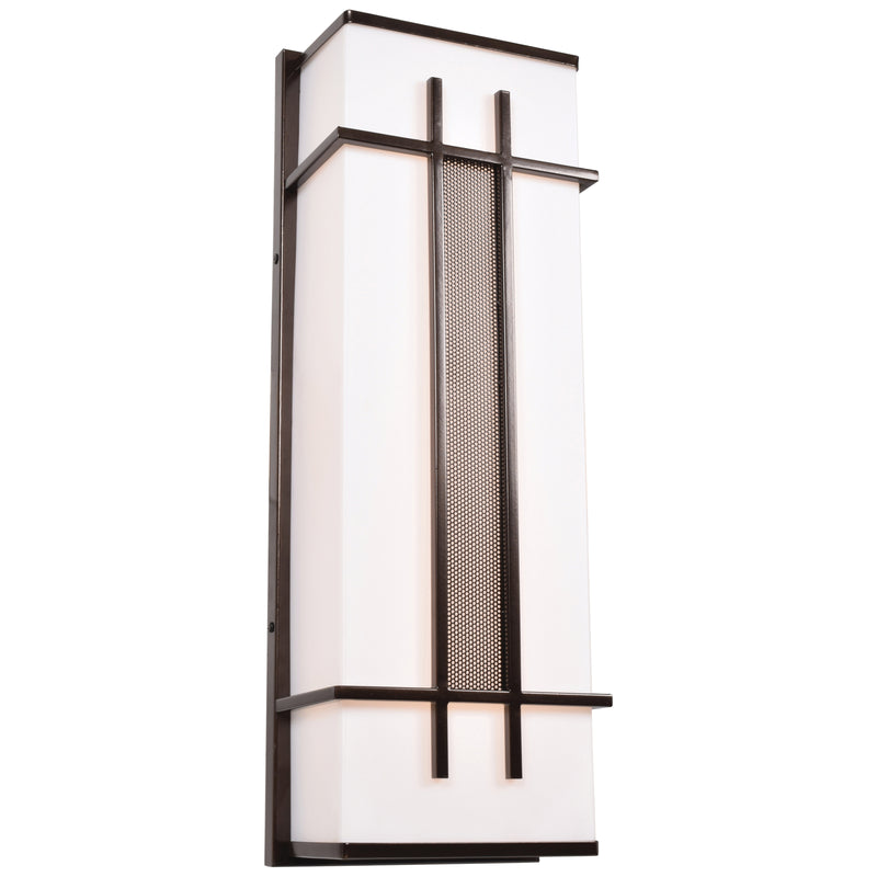 Modern outdoor wall light fixture with a white glass cover and bronze frame on a white background.
