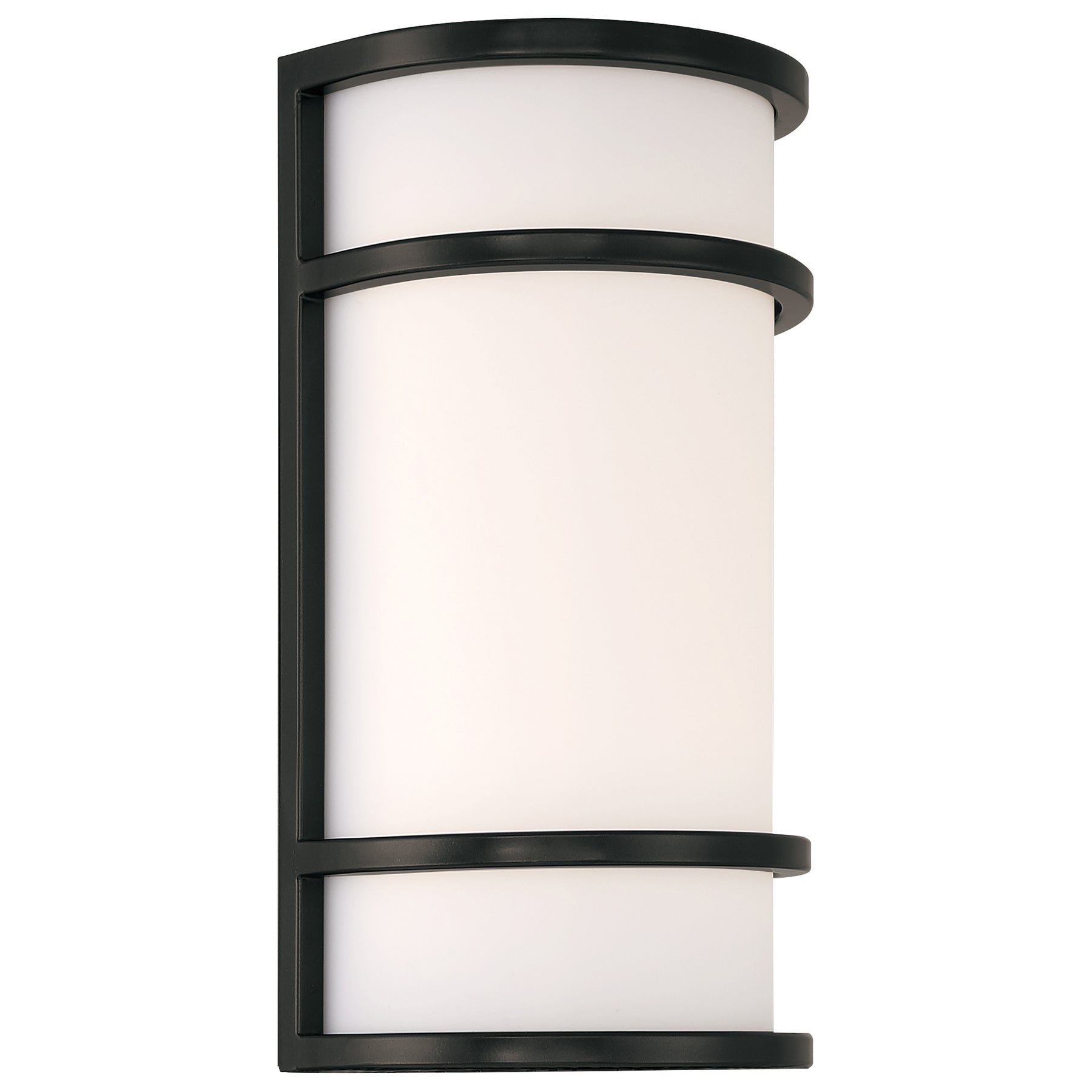 Wall-mounted light fixture with black frame and white glass on a white background