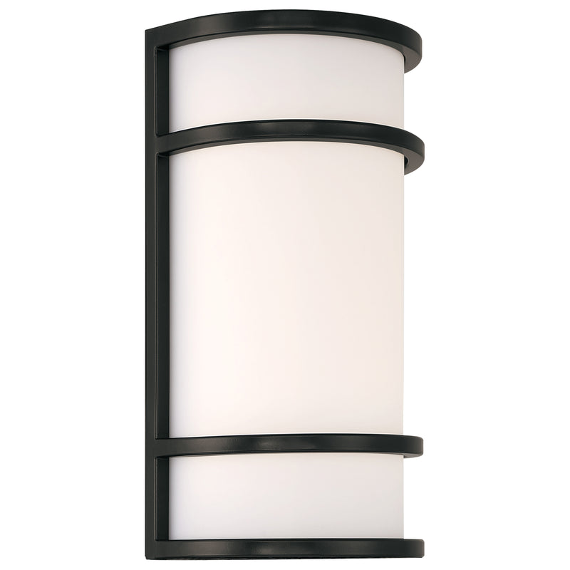 Wall-mounted light fixture with black frame and white glass on a white background