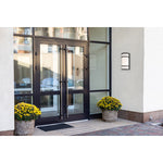 Modern glass door entrance with flower pots on either side