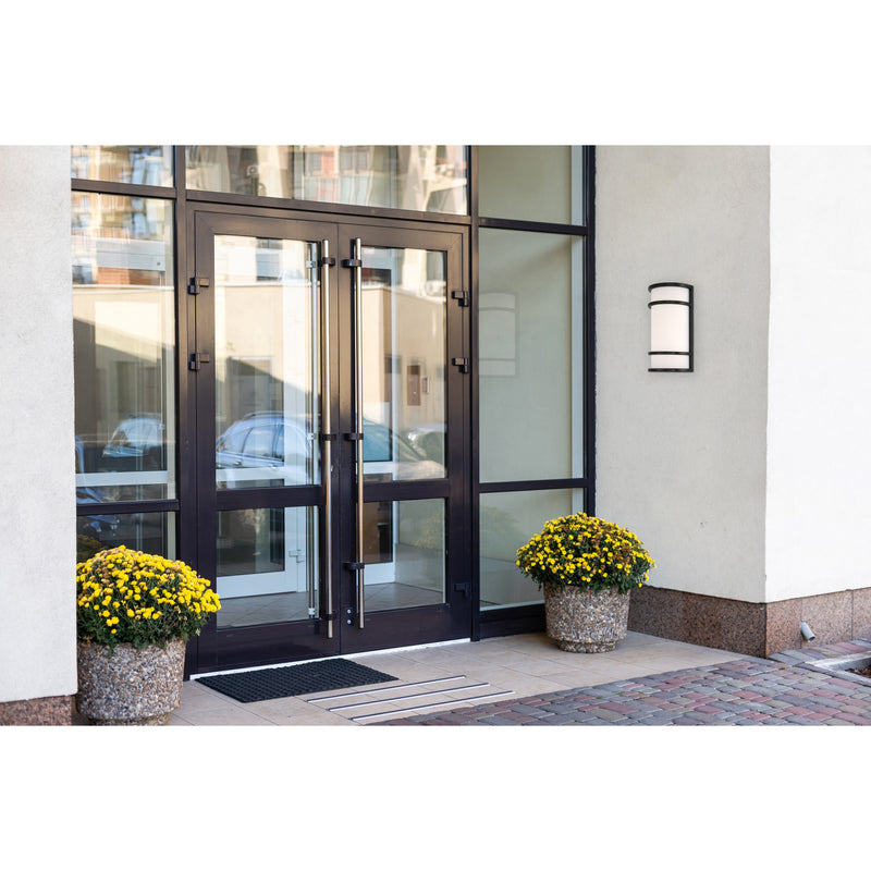 Modern glass door entrance with flower pots on either side