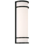 Cylindrical wall light fixture with black frame and white glass on a white background