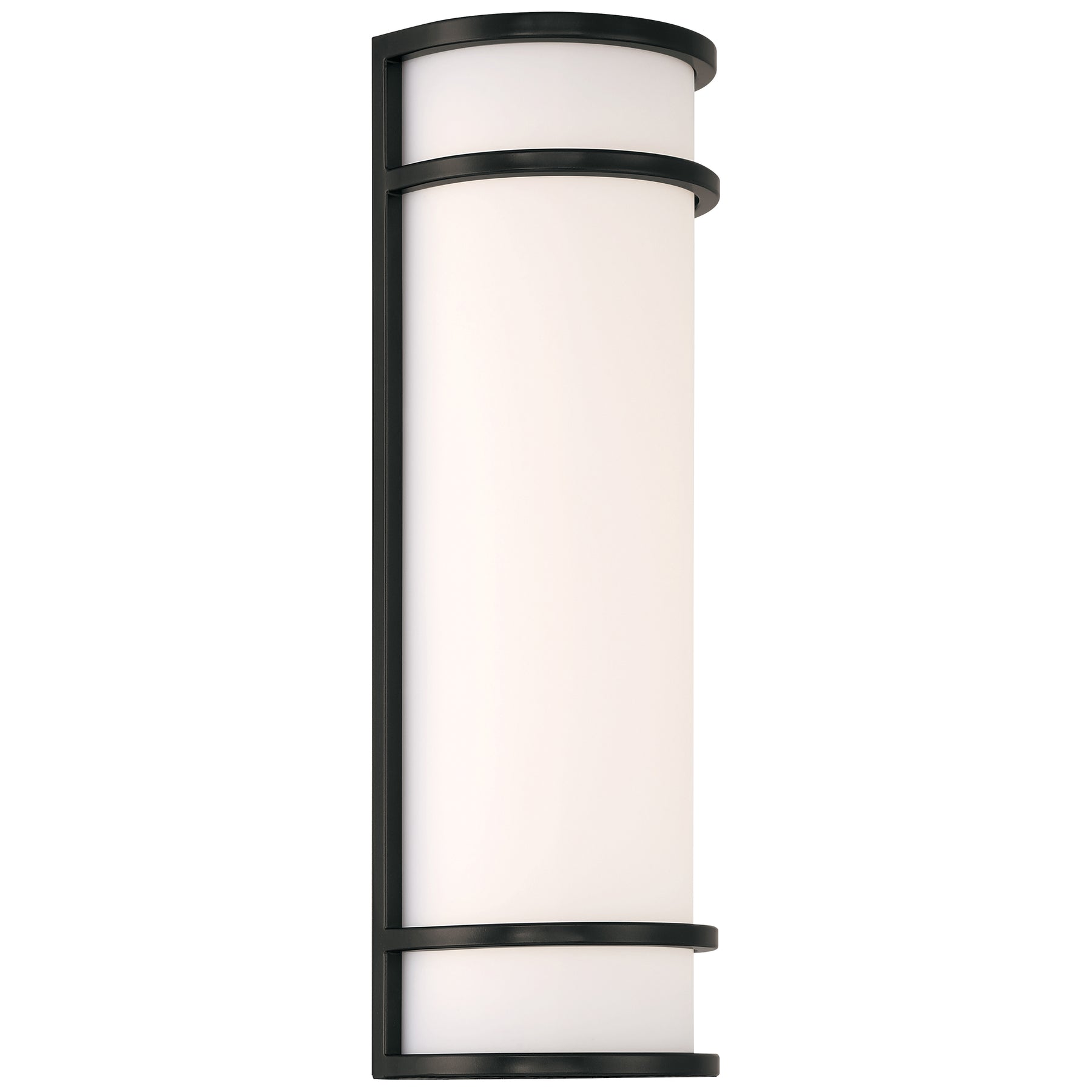 Cylindrical wall light fixture with black frame and white glass on a white background