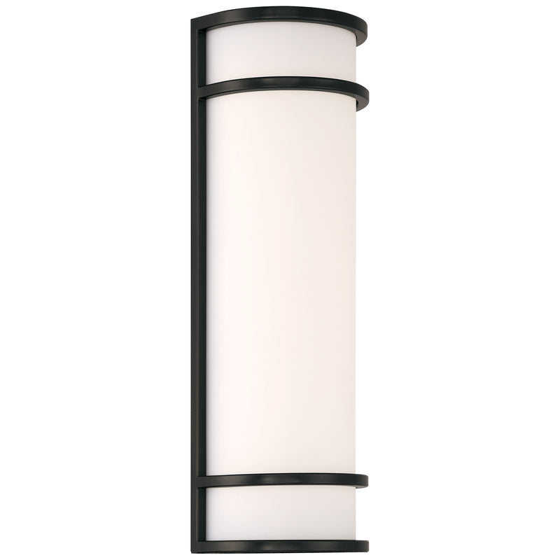 Cylindrical wall light fixture with black frame and white glass on a white background