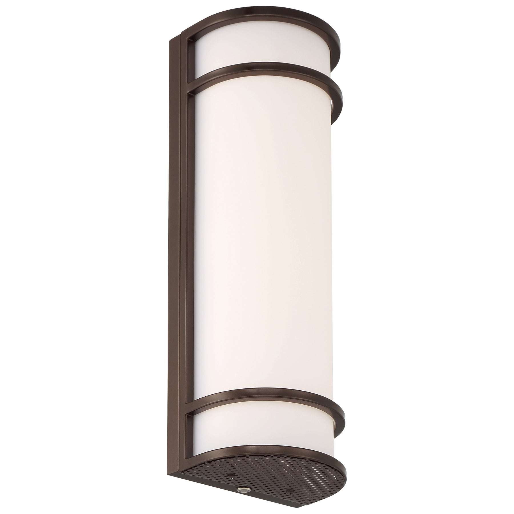Wall-mounted outdoor light fixture with brown metal and white glass on a white background