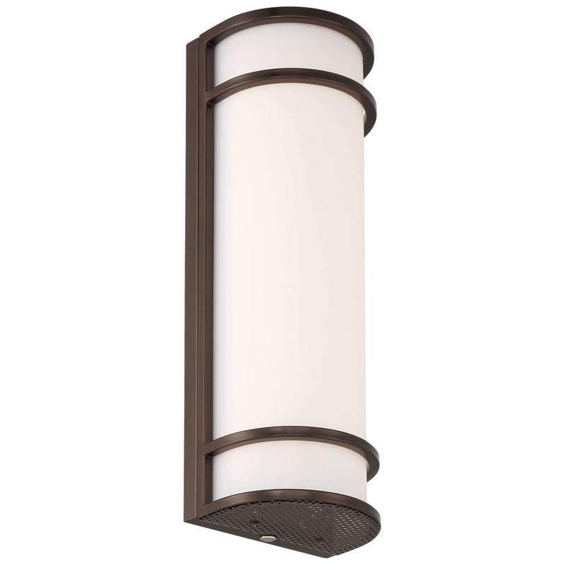 Wall-mounted outdoor light fixture with brown metal and white glass on a white background