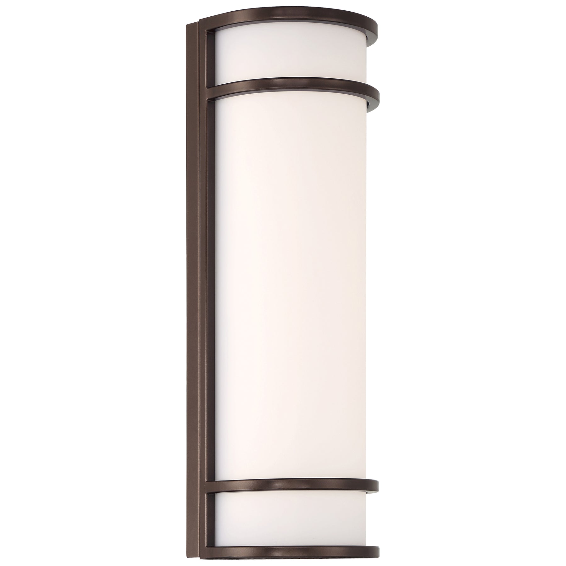 Wall-mounted light fixture with bronze frame and white glass on a white background