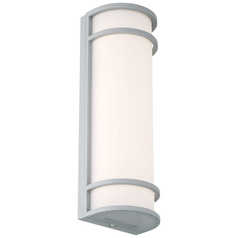 Wall-mounted outdoor light fixture with a white shade and satin frame on a white background