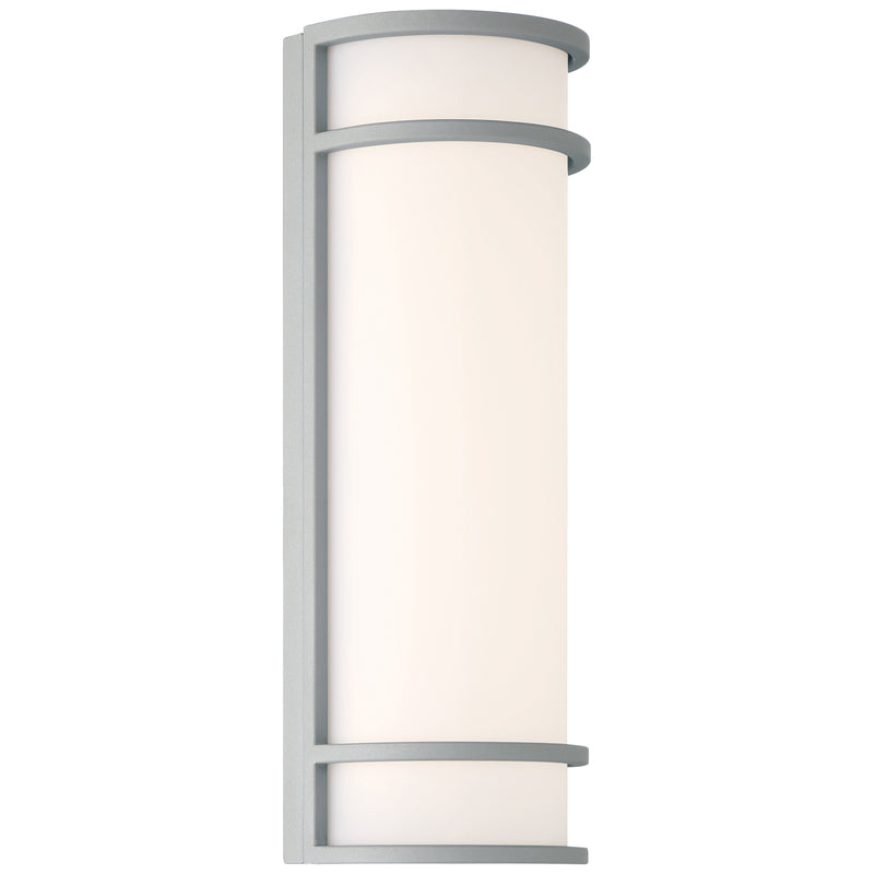Wall-mounted light fixture with white shade and satin frame on a white background